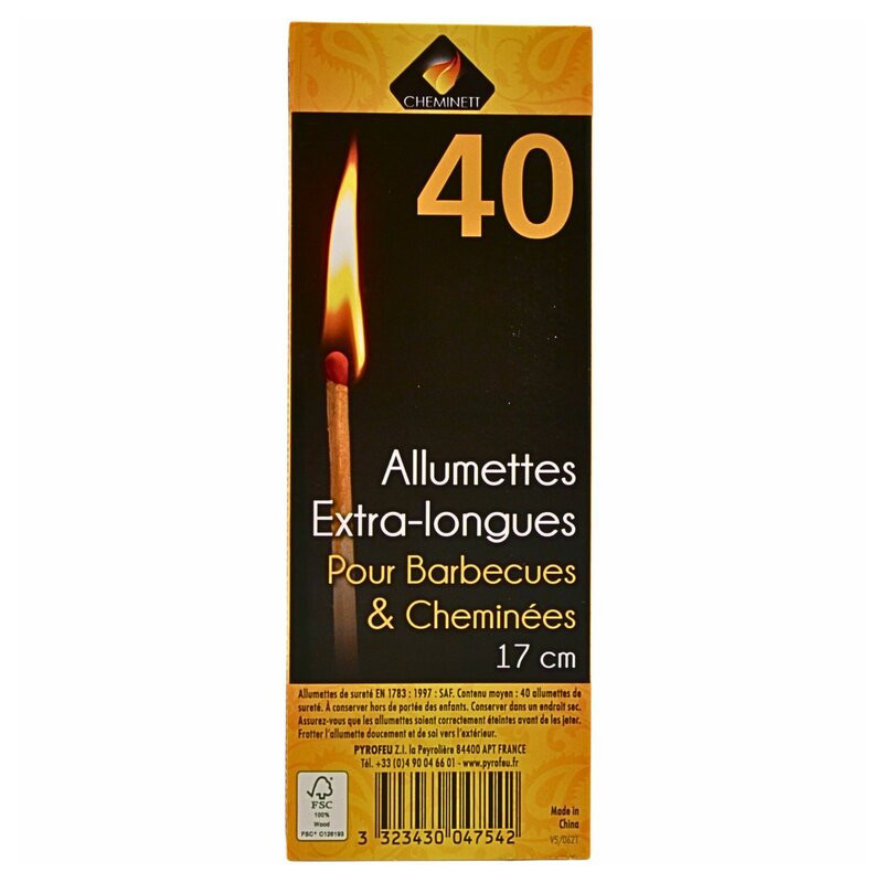 Grandes allumettes longues pour barbecue, cheminée, poêle 17cm