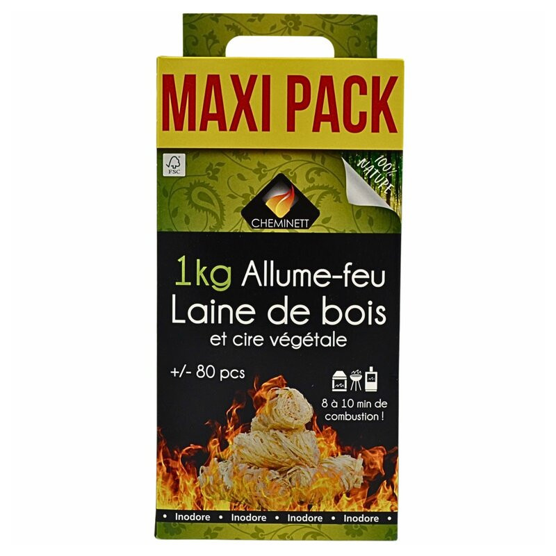 Allume-feu laine de bois naturel pour barbecue, cheminée et poêle