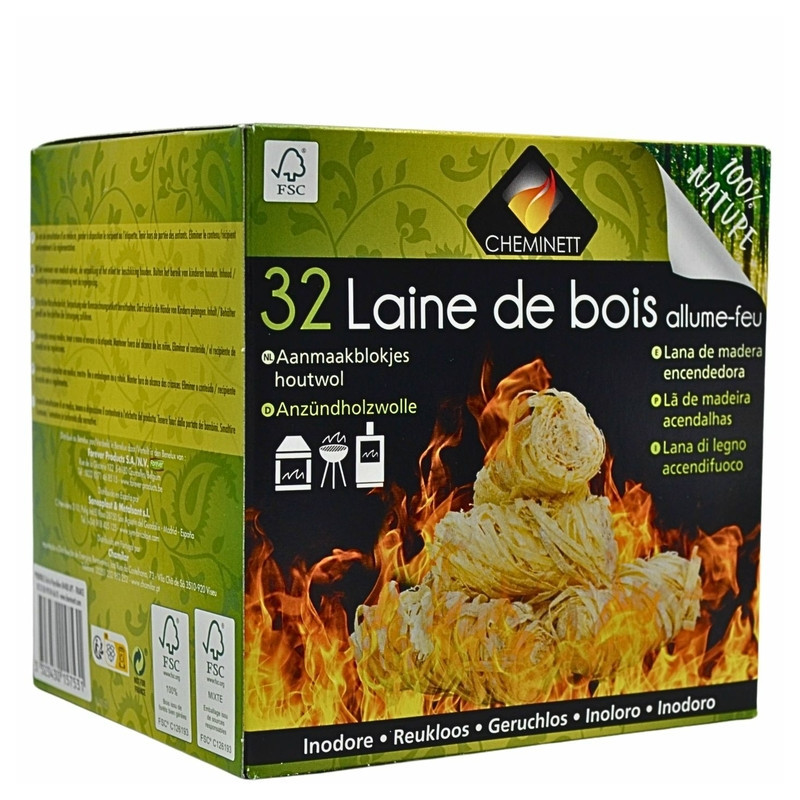 Allume-feu laine de bois naturel pour barbecue, cheminée et poêle
