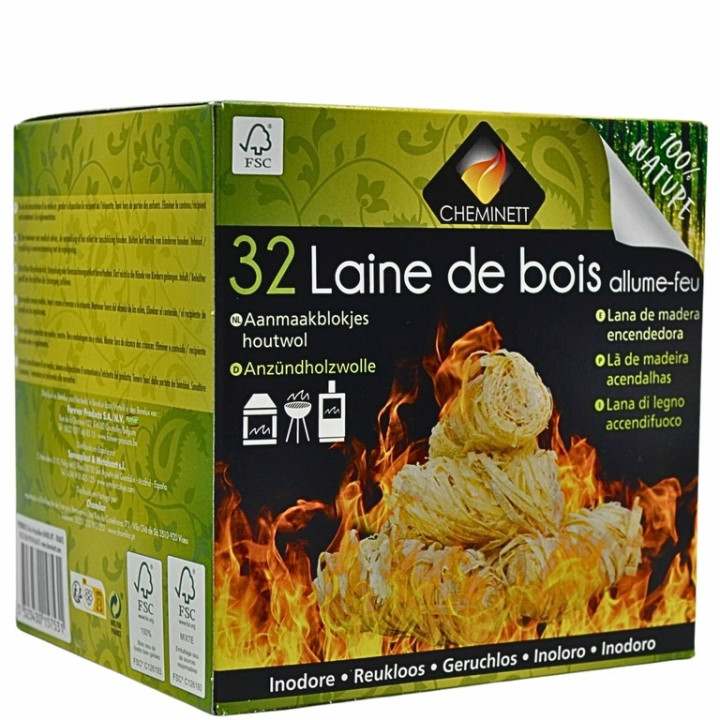 Allume-feu laine de bois naturel pour barbecue, cheminée et poêle